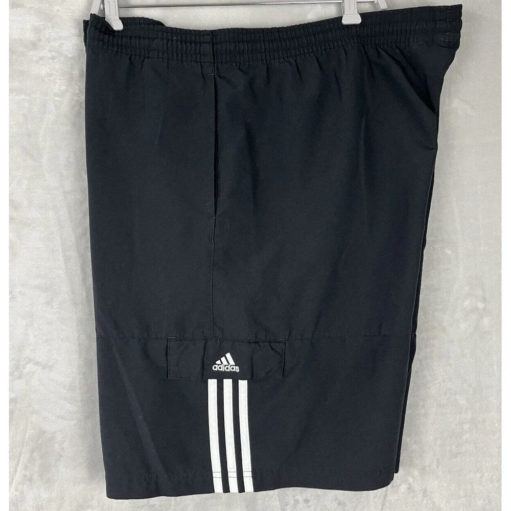 ADIDAS Men Short VTG XL Black Cargo Pocket 3 Stripe Drawstring Loose Outdoor Y2K